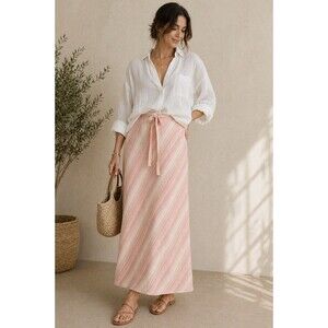 Linden Hill Linen Maxi Skirt Size 12 Pink Cream Striped A-Line Tie Waist Summer